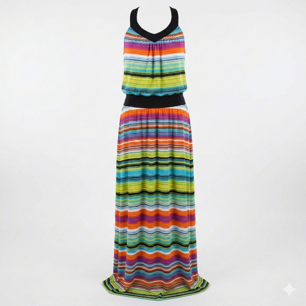 Great Northwest Indigo Maxi Dress Rainbow Wavy Stripe Tank Summer Beach Cruise L